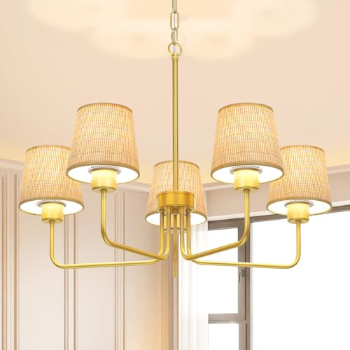 SERBASIC Vintage Kronleuchter im Landhausstil mit Rattan Optik Höhenverstellbar,inklusive 5 LED-Maislampen & 3 Farbtemperaturen,perfekt für Wohnzimmer,Schlafzimmer,Küche und Flur