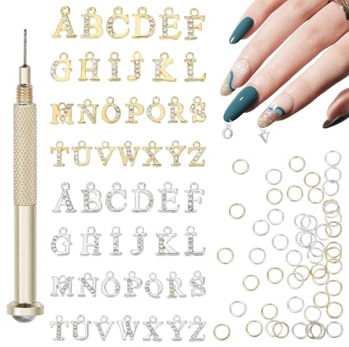 NICENEEDED 52 PCS Letter Alphabet Dangle Nail Charm for Jewellery Making | 3D Piercing Alphabet Charm Rhinestone A-Z Letter Nails Pendants, Sliver Gold Alloy Jewelry with Piercing Tool for Tips