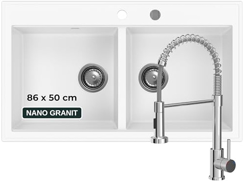 SINK QUALITY Doppelspüle weiß mit Armatur, Granitspüle Doppelbecken 86x50 cm, Doppel Spülbecken mit Siphon und Imprägniermittel, 2 Becken Küchenspüle ab 85er Unterschrank