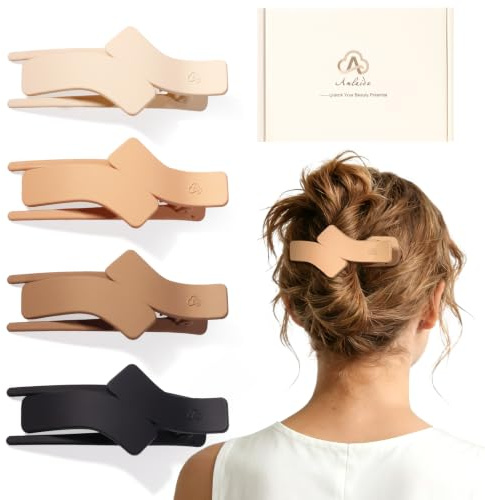 Amlaidu Flache Haarspangen für Damen, Starker Halt Flache Haarklammern für Dickes, Mittleres und Dünnes, Rutschfest Haarspangen, Beige, Hellkhaki, Dunkelkhaki, Schwarz, 4 Stück
