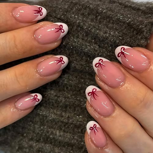 SXVME Valentines False Nails Short Oval, White French Tip Press on Nails Short Round Natural French Tip Fake Nails Press ons Bows Full Cover Glossy Acrylic Nails for Women Holiday Party 24 Pcs