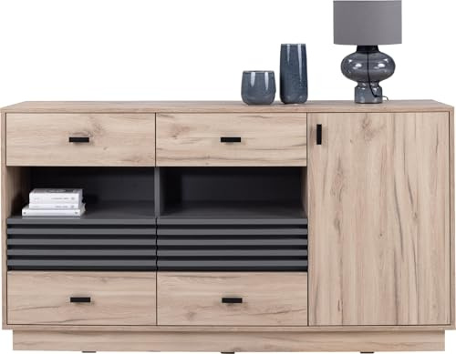 Masseno Kommode Punto 155 cm Sideboard mit 4 Schubladen und 1 Türen für Wohnzimmer Schlafzimmer Modern 155x40x85 cm Eichefarben/Eichefarben