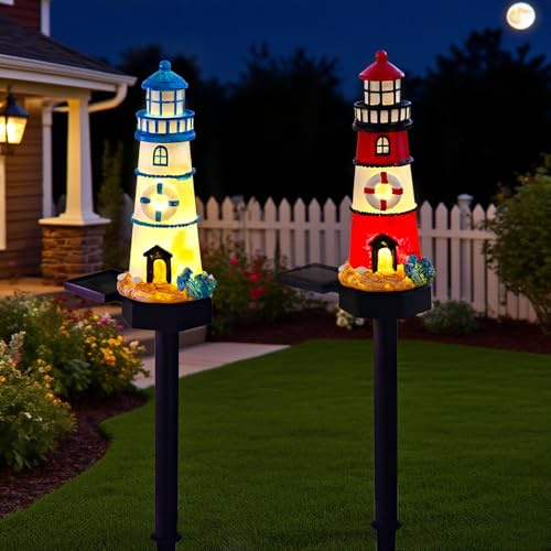 YZYOE 2 Packungen von solarbetriebenen roten und blauen Leuchtturm Bodenlampen, Garten dekoratives Harz niedliche Leuchtturm Lampen,Drahtlose Dämmerung bis Dämmerung LED-Lichter wasserdicht.