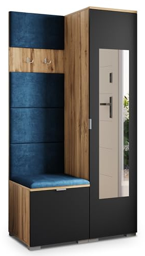 Masseno Flugarderoben Set VIRA, Kleiderschrank-Set mit Spiegel und Sitzbank, Garderobenschrank Flur mit 3 Regalböden, Eiche Wotan/Schwarz