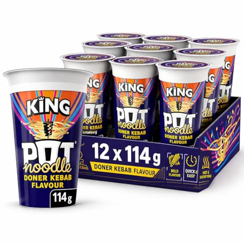 Pot Noodle King Instant Noodle Cup 12 x 114g, Fast & Convenient Meal (Doner Kebab)