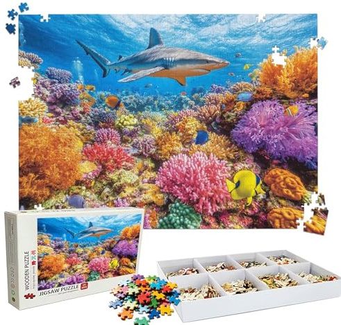 Puzzle 3000 Teile, Puzzle 3000 Teile Erwachsene Koralle Hai Muster, Holzpuzzle DIY Set Erwachsene, Dickes Material & Perfekte Verzahnung, Reflexionsfreie Oberfläche, Puzzlespiele für Familie W3H-253