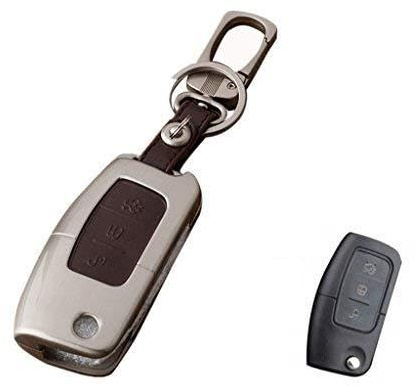 Happyit Zinc Alloy + Leather Car Smart / Folding Key Cover Case for Ford Focus Mondeo Edge Fiesta Kuga MK4 Fiesta Fusion Escort Ecosport (C Brown)