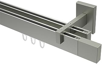 INTERDECO Innenlauf-Gardinenstange eckig 14 x 35 mm 2-läufig, kantige Innenlaufstange aus Metall, Edelstahl-Optik, zur Wandmontage, Typ 10212921, 180 cm