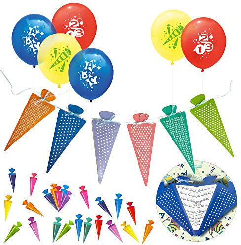 Oblique Unique® Schuleinführung Schulanfang Einschulung Deko Set für Jungs und Mädchen - Luftballons + Zuckertüte Einladungskarten/Girlande + Zuckertüte Konfetti Set