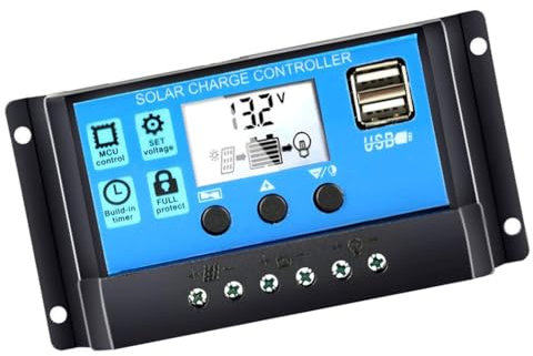 Y&H 10A Contrôleur de Charge Régulateur Panneau Solaire 12V/24V Régulateur de panneau solaire de Batterie Intelligent avec 5V Light Timer Control LCD Display avec Double Port USB LCD Affichage