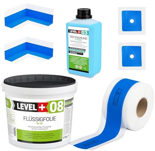 Kit d'étanchéité SET301 - 5,5 kg de film liquide, 2 coins intérieurs, 2 manchettes murales, 5 m de bande d'étanchéité - Base profonde 1 l - Kit d'étanchéité pour douche, salle de bain, cuisine