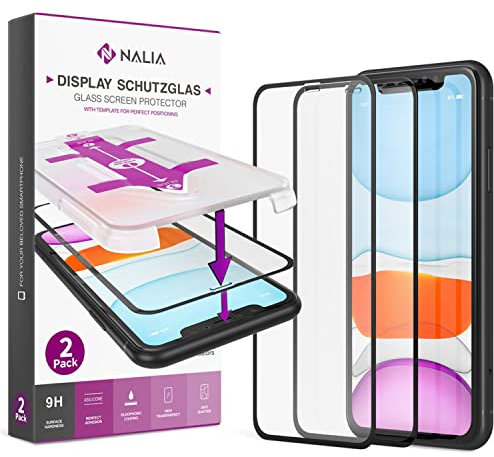 NALIA (2x Glas & Applikator kompatibel mit iPhone 11 Pro Max/Xs Max, 9H Full-Screen Schutzglas mit Schablone für einfache Installation, Handy Displayschutz Tempered Glass - Transparent (schwarz)