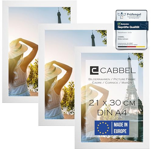 CABBEL 3er Set Bilderrahmen DIN A4 21x30 MDF Holz-Rahmen mit bruchsicherem Acrylglas, ideal für Collagen, Portraits & Urkunden in Weiß