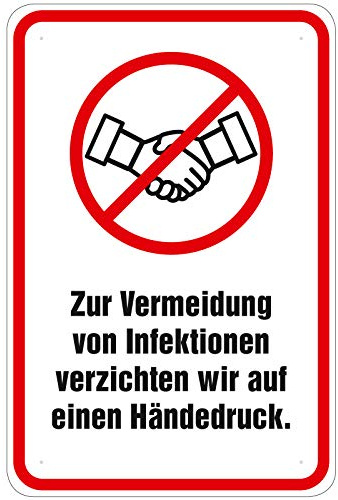 Schild 20x30 cm Infektionsgefahr Hände geben schütteln Nicht erwünscht Alu
