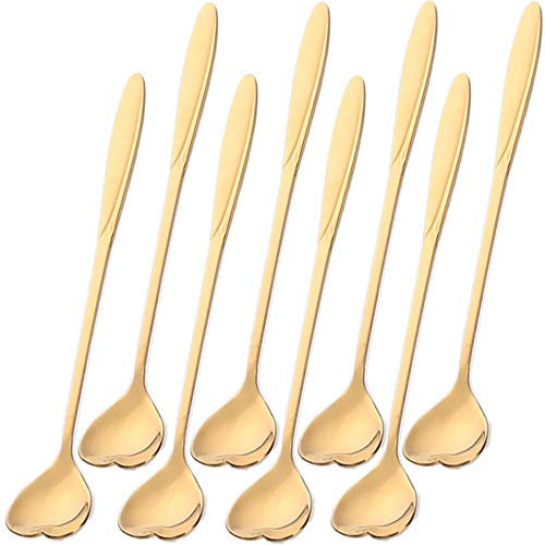 Falytemow - Cucchiai in acciaio inox 304 per caffè, tè, dessert, bevande, miscelazione, frullati, confezione da 8 8 pezzi a forma di cuore dorato.