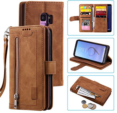 UEEBAI Wallet Case for Samsung Galaxy S9 Plus, Retro 9 Card Holder Slots Zipper Pocket Handbag Case PU Leather Magnetic Closure Kickstand with Wrist Strap TPU Shockproof folio Case - Brown