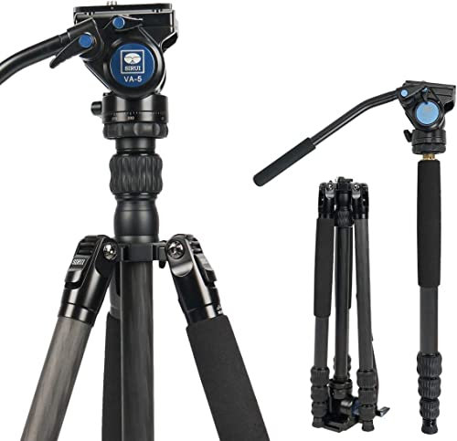 SIRUI Travel Tripod for Camera, 63 Portable Carbon Fibre Tripod and Monopod with Fluid Head VA-5, Compact Tripod with Centre Column for Video Camera, DSLR, Camcorder, Max Load 3kg, Traveler VC