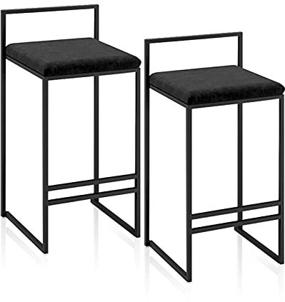 Set di 2 65cm Sedia da pranzo | Sgabello da bar in metallo nero con retro pieno, sgabello poggiapiedi cuscino in flanella con poggiapiedi e schienale, barra | Pub | Café max. Carica 200kg