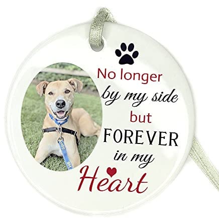 GuteGifts Personalised Photo Pets Dog Cat Memorial Bauble Ceramics Ornaments Christmas Xmas Tree Decoration Hanging Sign Keepsake-No longer by my side but forever in my heart, White