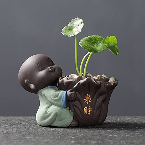 VOOPO Keramik Tee Haustier Ornamente Kleine Buddha Statue Mönch Figur Desktop Blumentopf Hydrokultur Pflanze Dekoration Tee Zubehör, Light Yellow