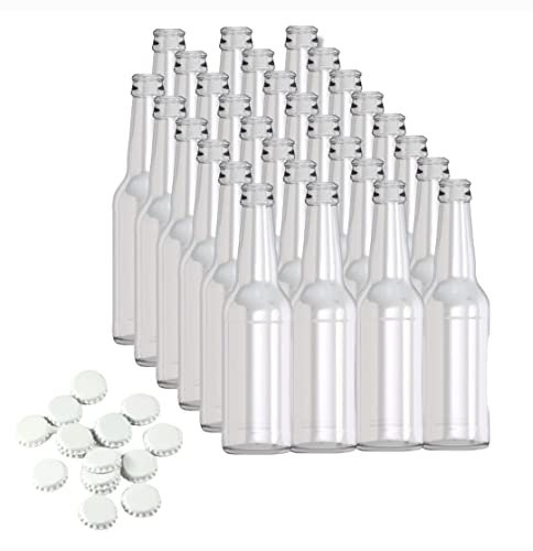 Pack 30 botellas cristal transparente 330ml de cerveza para alimentación con chapas incluidas
