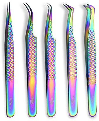 ZAMAHA UK Lot de 5 pinces à épiler japonaises en acier inoxydable - Droites incurvées à 45 à 90 degrés - Pointe coudée - Pince à épiler volume (arc-en-ciel multicolore)
