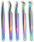 ZAMAHA UK Set di 5 pinzette per extension per ciglia, in acciaio inox giapponese, dritte e curve, punta angolata a 90 gradi, pinzette di precisione per volume (arcobaleno multi)