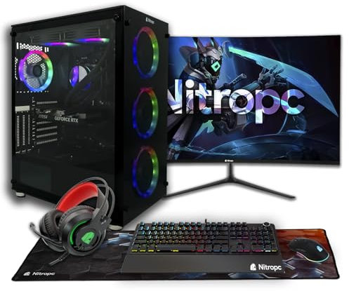 NitroPC - Pack Diamond Plus | PC Gaming completo (AMD Ryzen 7 7700X 4.5GHz, RTX 5060 Ti 16GB, RAM 32GB, M2 2TB, Windows 11, RGB | WiFi, monitor curvo 27, tastiera, mouse, cuffie) PC fisso (Nero)
