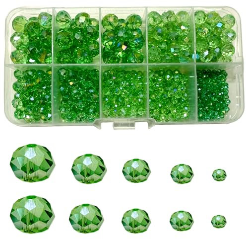 Gocelyn Kristallglas facettierte Perlen in AB-Farbe (grün), Rondelle sortiertes Zubehör Abstandshalter lose Perlen für die Schmuckherstellung Armbänder Anhänger (2 mm, 4 mm, 6 mm, 8 mm, 10 mm)