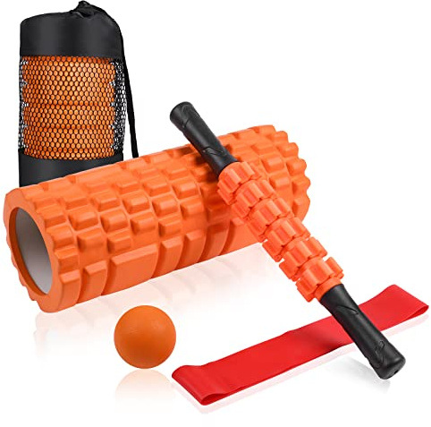 Aucuu 6 in 1 Foam Roller Set Includes Hollow Core Massage Roller, Yoga Stick, Massage Ball, Fitness Stretching Strap, Carrying Bag, Towel, Massage Roller (Orange)