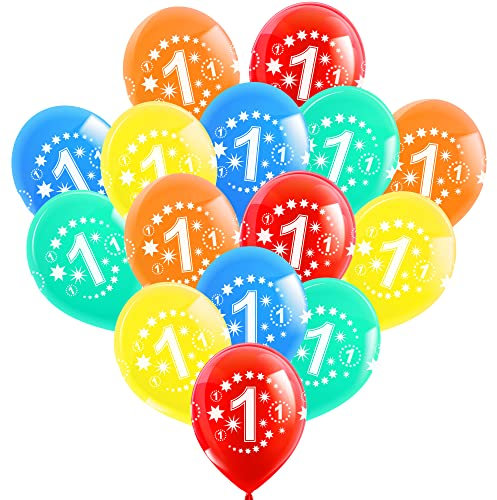 15 Luftballons Geburtstag • Zahl 1 Druck 4 seitig • Premium Ballons Helium geeignet • 5 Farben Blau, Rot, Gelb, Orange, Grün • Geburtstagsdeko 1 Jahr • 100% Naturlatex • Bio abbaub