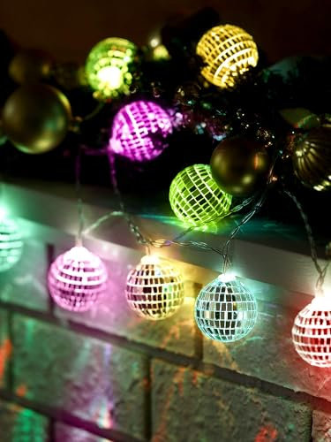 BBTO LED Disco Ball String Light Battery Powered Mirror Balls Ornaments for Outside Backyard Porch 70s 80s Disco Party Supplies(1.57 Inch,Multi Color)