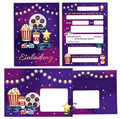 12 Einladungskarten incl. 12 Umschläge zum Kindergeburtstag Kino Einladungen für Geburtstag Mädchen Jungen Cinema Kino-Party