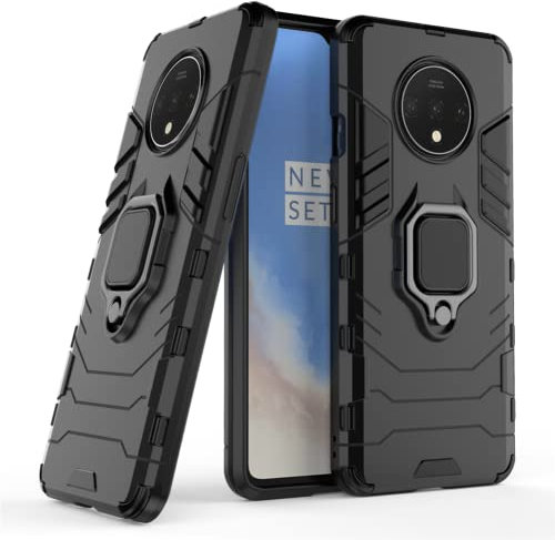 IMEIKONST OnePlus 7T Hülle Plastic Back Cover TPU Bumper Handyhülle 360 Grad Metal Ring Ständer Heavy Duty Militärgrad Schutz Hybrid Stoßfest Case für OnePlus 7T. Schwarz KK