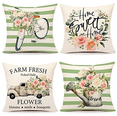 Qeunrtiy Blumen Kissen BezüGe , 45,7 X 45,7 cm, 4Er-Set, Bauernhaus Dekoration, Weihnachten Dekoration, ÜBerwurf, Kissen Bezug für die Couch zu Hause