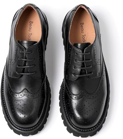 BEAU TODAY Women's Oxfords, Platform Oxfords for Women, Chunky Lace Up Leather Oxford Shoes for Women, Casual Wingtip Brogue Comfortable Business Office Work Shoes Black-B Size 7
