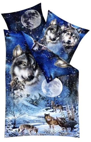 Kaeppel Mako Satin 135x200cm Digitaldruck Bettwäsche 2 TLG. Wolf Urwald Federn Abstrakt Baumwolle, Farbe:Wolf