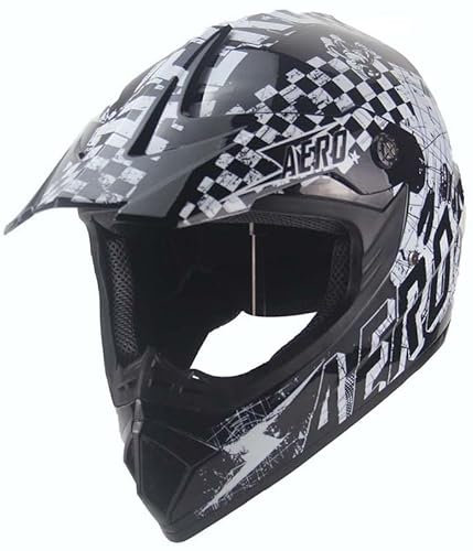 Kinder Crosshelm Skeleton AHP – Motorradhelm für Kinder, ABS-Schale, robuster Kinderhelm für Downhill, Quad und Motocross, Schwarz Weiß, Größe L, 57 – 58 cm