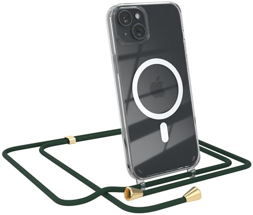 EAZY CASE - Handykette kompatibel mit iPhone 15 Plus Kette zum Umhängen Stoßfest Handyhülle für iPhone 15 Plus Silikon Hülle mit Band Handytasche Transparent als Fallschutz in Grün