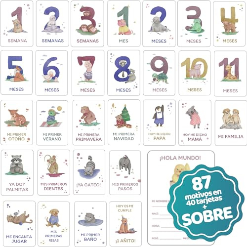 HOMYKIDS® Tarjetas Cumple Meses Bebe en ESPAÑOL - 40 Tarjetas Logros Bebé + Caja Sobre - Regalo Original Fotos de Recién Nacidos - Recuerdos Primer Año y Momentos Especiales