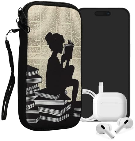 kwmobile Housse de Protection pour Smartphone XXL - 7 - Sacoche de Protection pour Téléphone Portable en Néoprène Fille et Livre Noir-Beige