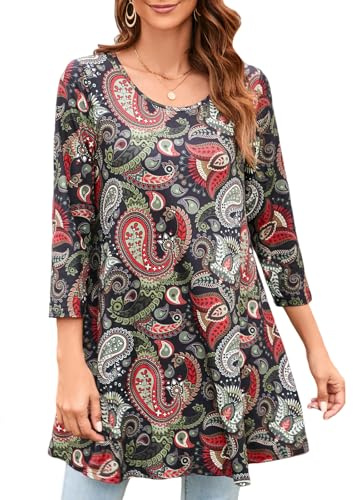 Enmain Womens Tunic Top 3/4 Long Sleeve Tunics for Women UK Plus Size Round Neck Longline Tops for Leggings Ladies Swing T-Shirt Casual Loose Black Red Green Paisley Patterned Blouse T Shirts 3XL