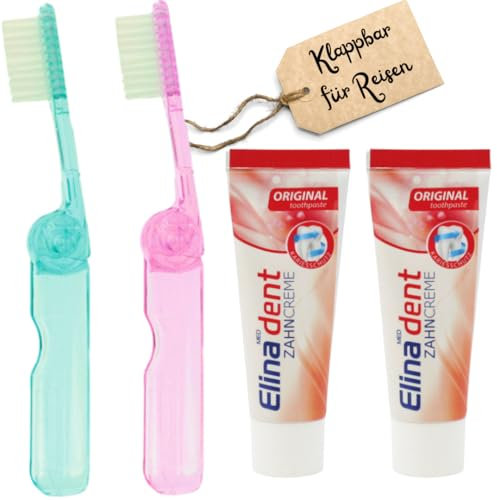 Reiseset aus 2x Reisezahnbürste mit 2x Zahnpasta, Klappbare Reise Zahnbürste Set Travel Toothbrush Mini Zahnbürste mit Zahncreme für Festival Camping Handgepäck Reisen