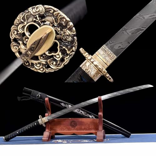 103 cm langes echtes Katana-Schwert,Klinge mit hundert raffiniertem Muster aus Stahl mit Leitermuster,Handschutz aus reinem Kupfer,lackierte Massivholzscheide,handgefertigtes scharfes Samurai-Schwert