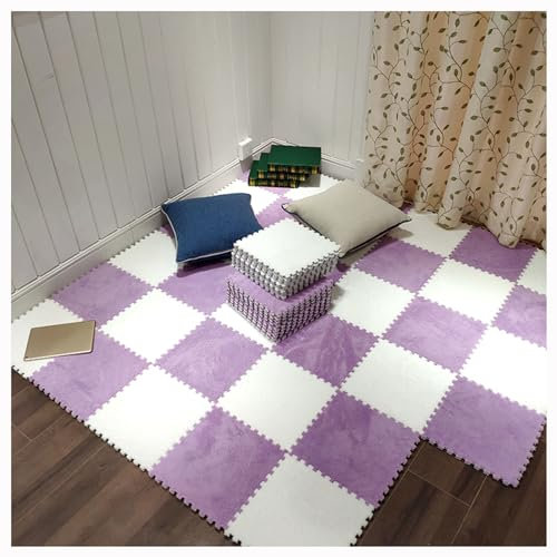 Weiche Ineinandergreifende Teppichfliesen,Schaumstoff-Bodenfliesen 10 Stück 12X12 Zoll Quadratische Plüsch-Puzzle-Schaumstoffmatte Flauschige Teppiche,Für Wohnzimmer Und Schlaf(Color:Lila + Weiß)