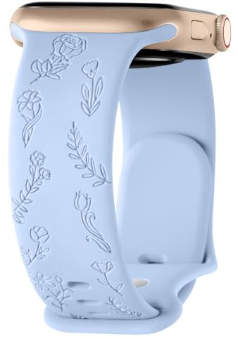 Flower Engraved Strap for Apple Watch Strap 38mm 40mm 41mm 42mm, Silicone Sport Band for iWatch Series 10 9 8 7 6 5 4 3 2 1 SE, Women Men (Nude blue,38mm/40mm/41mm/42mm(Series 10))