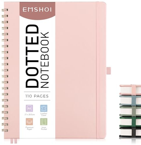EMSHOI A4 Dotted Notebook, Spiral Notepad, 100gsm, PU HardCover Leather, Stencils, Pocket, Pen Loop, Ruler, Bookmark, 110 Pages Bullet Dot Grid Journal for Women Men Writing, 21x28.5cm, Rose Gold