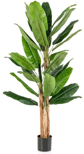 GIANTEX Plante Artificielle Intérieur, Fausse Plante Bananier 195 CM en Pot avec Ciment, 3 Tiges Réalistes & 27 Grandes Feuilles, Arbre Artificiel Intérieur Extérieur Maison Jardin Bureau
