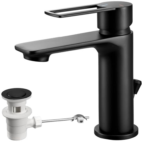 Robinet de salle de bain avec tirette, mitigeur de lavabo monocommande avec bonde, accessoire salle de bain, noir