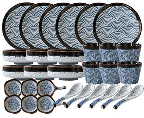 EPOTRDCV Ensembles de Table, Service de Vaisselle en céramique, Service de Table en Porcelaine de Style Japonais 30 pièces/Ensembles d'assiettes et de Bols à Motif ondulé pour res